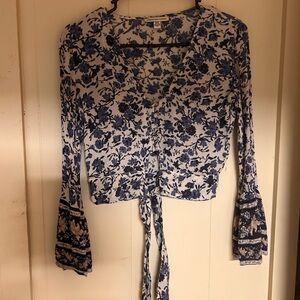 Floral Long Sleeve Wrap Top - Blue